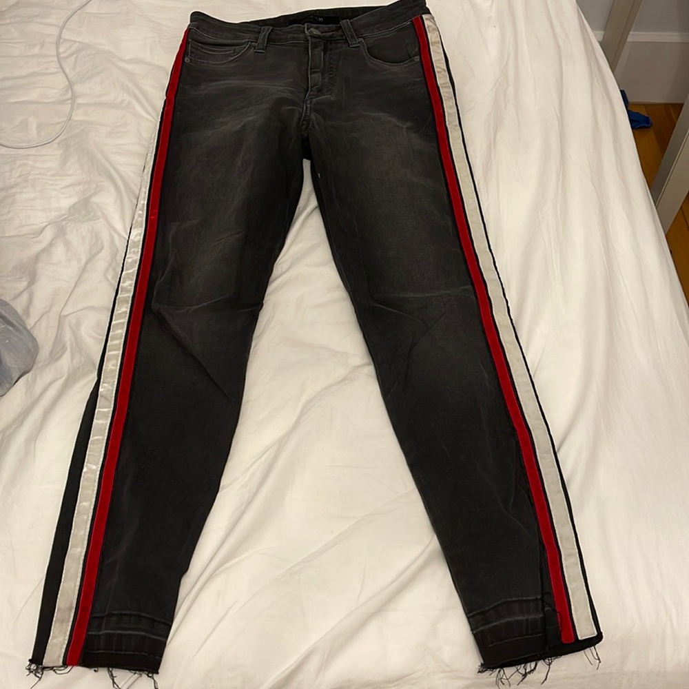 gray jeans with velour strips on the side